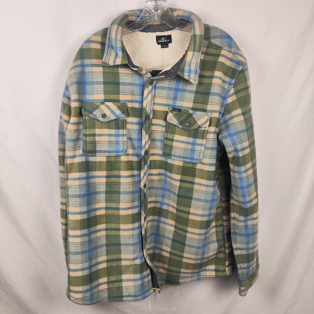 O'Neill Shirt Jacket Mens Large Green Plaid Superfleece Sherpa Lined Snap Winter